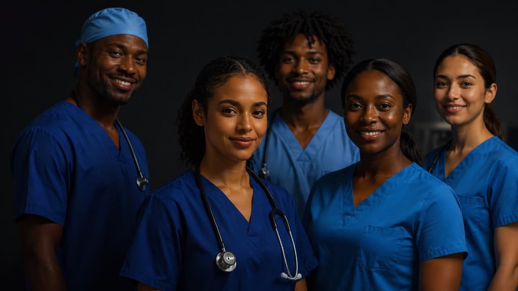 Diverse team of five LumCare medical professionals in scrubs, smiling
